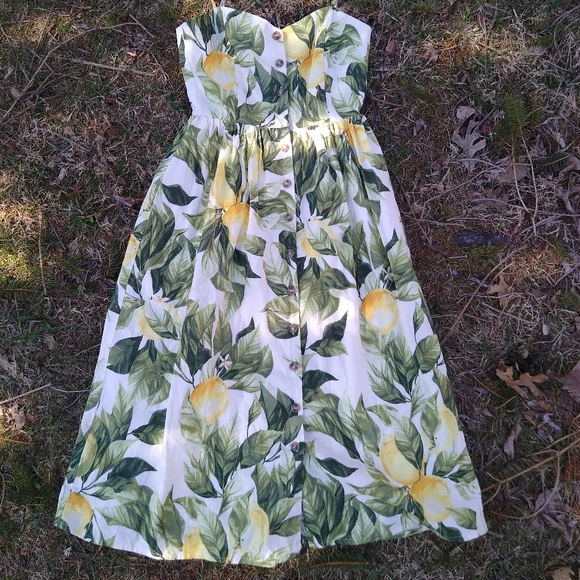 H&M Linen Lemon Sundress Retro Button Down - Picture 3 of 9